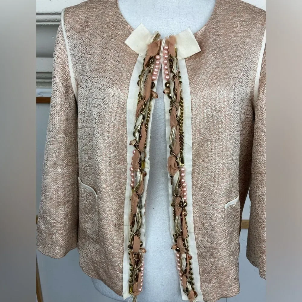 Seventy Florence Italy ladylike chic blazer w/ ribbon bow, pearls, and chains